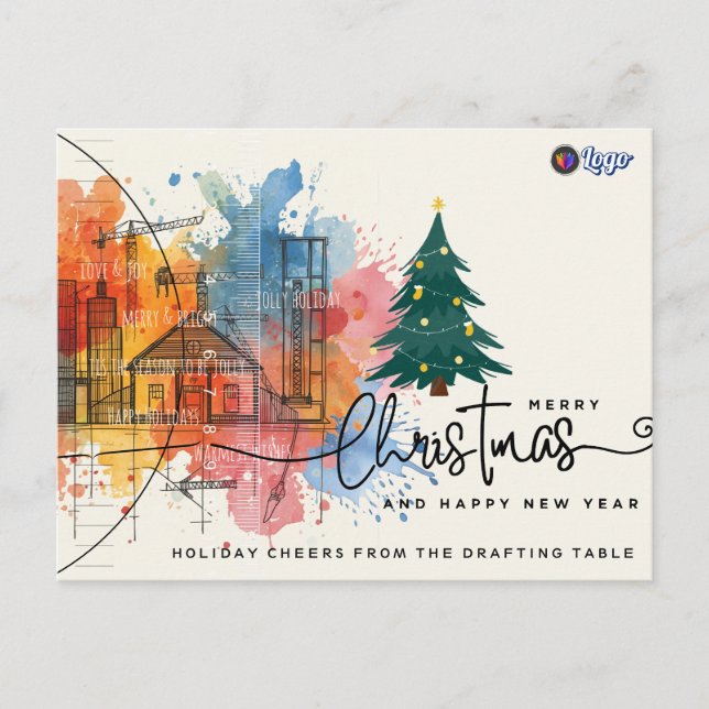 Watercolor Ink Blue Print Architecture Christmas Holiday Postcard (Front)