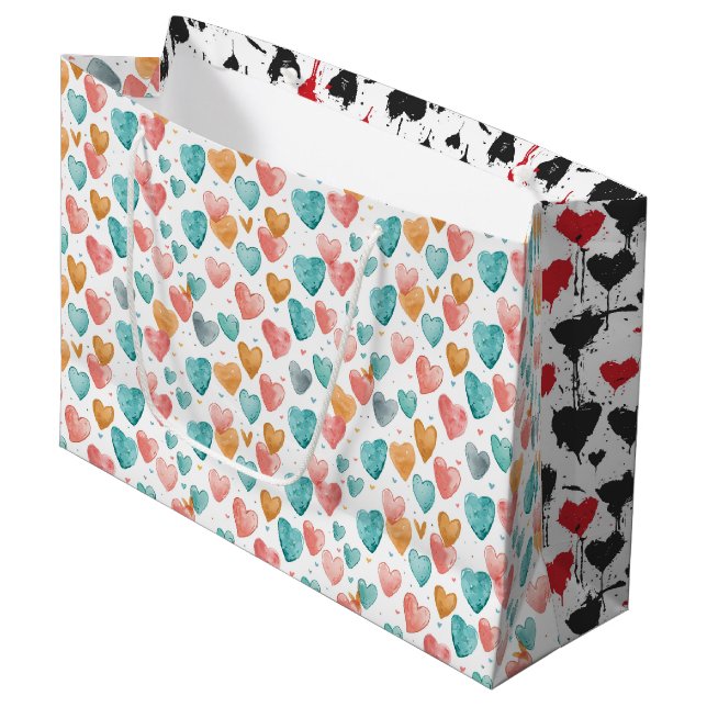Watercolor & Ink Hearts Large Gift Bag (Front Angled)