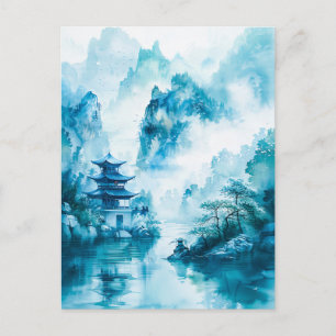 Watercolor ink of Chinese landscape on a lake Postcard