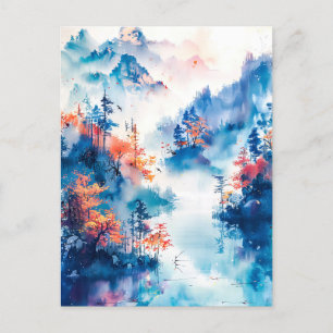 Watercolor ink of Chinese landscape on a lake Postcard