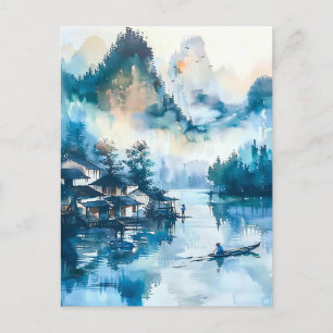 Watercolor ink of Chinese landscape on a lake Postcard