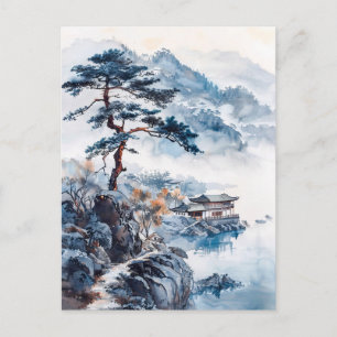 Watercolor ink of Chinese landscape on a lake Postcard