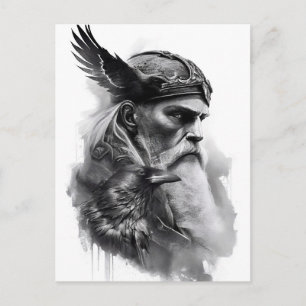 Watercolor ink pencil of norther god Odin. Postcard