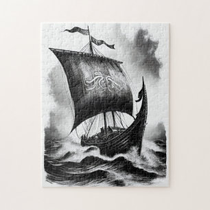 Watercolor ink pencil of Viking dragon ship Jigsaw Puzzle