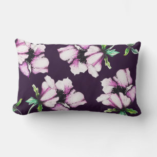 Watercolor & Ink Purple Flowers & Green Stems Lumbar Cushion