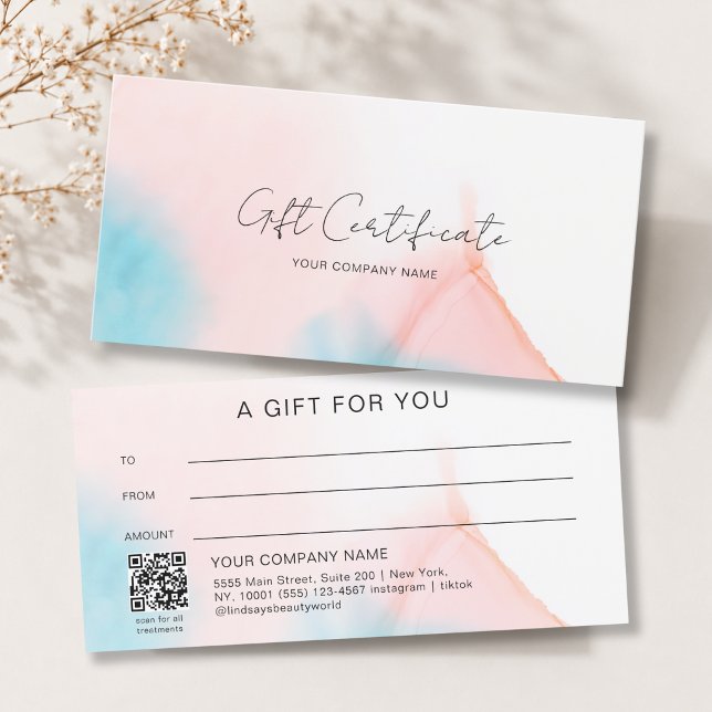 Watercolor Ink QR Code Gift Certficate (Watercolor Ink QR Code Gift Certficate Blue Pink Beige White)