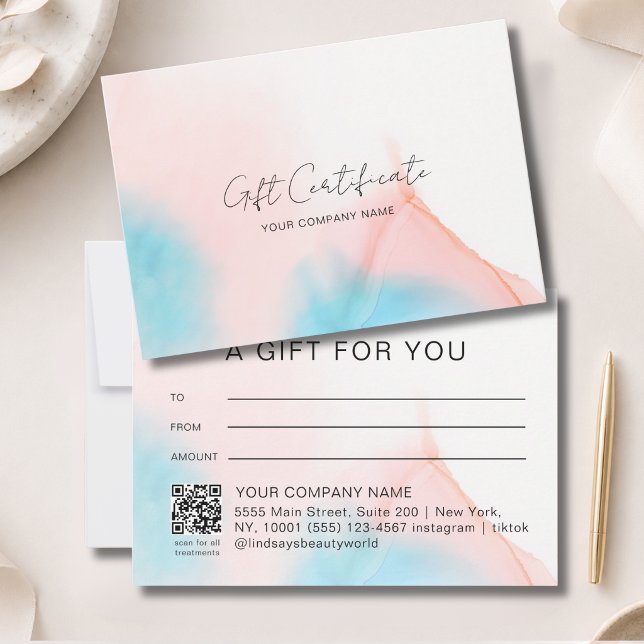 Watercolor Ink QR Code Gift Certficate (Watercolor Ink QR Code Gift Certficate Blue Pink Beige)