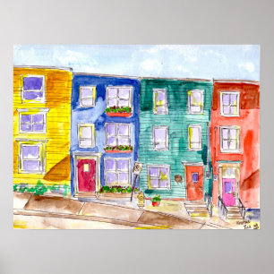 Watercolor & Ink Row Houses Illustration Colourful Poster