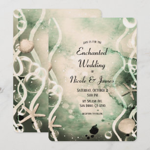 Watercolor Ink Splash Olive Under the Sea Wedding Invitation