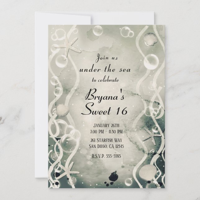 Watercolor Ink Splash Pearl Grey Under Sea Sweet   Invitation (Front)