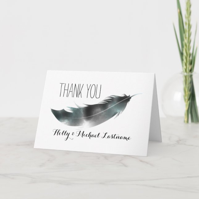 Watercolor Inspired Black Feather Thank You Card (Front)