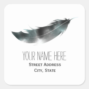 Watercolor Inspired Feather Address Sticker- Black Square Sticker