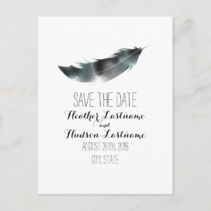 Watercolor Inspired Feather Save The Date - Black Announcement Postcard