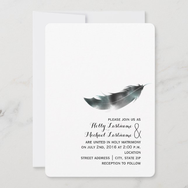 Watercolor Inspired Feather Wedding - Black Invitation (Front)