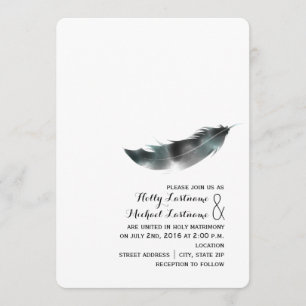 Watercolor Inspired Feather Wedding - Black Invitation