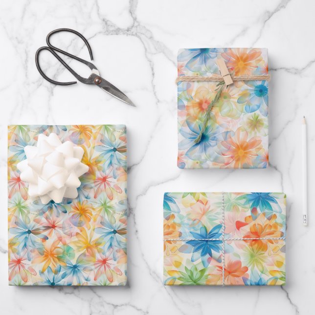 Watercolor-Inspired Floral Pattern  Wrapping Paper Sheet (Front)
