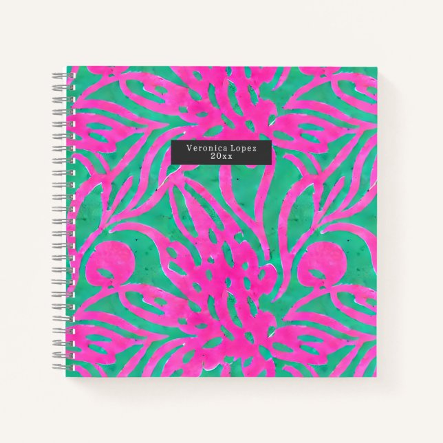 Watercolor Inspired Pink Aqua Damask Floral  Notebook (Front)