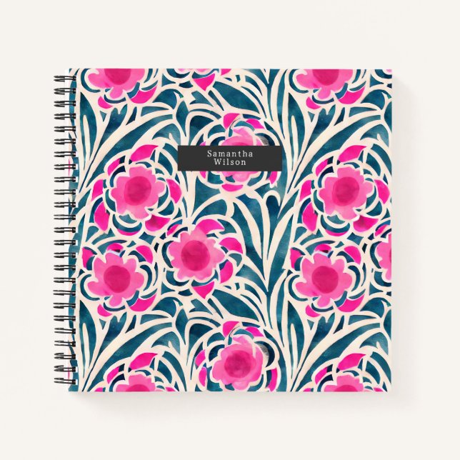 Watercolor Inspired Pink + Blue Botanical Floral  Notebook (Front)
