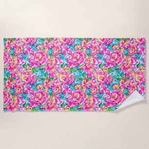 Watercolor Inspired Pink Blue Floral Beach Towel