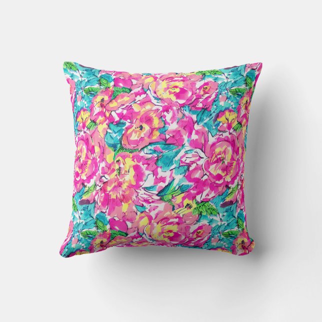 Watercolor Inspired Pink Blue Floral Cushion (Back)