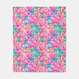 Watercolor Inspired Pink Blue Floral  Fleece Blanket