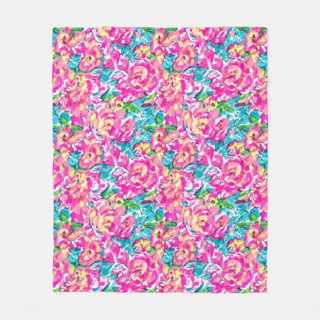 Watercolor Inspired Pink Blue Floral  Fleece Blanket (Front)