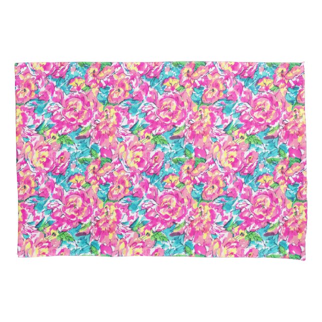 Watercolor Inspired Pink Blue Floral Pillowcase (Front)