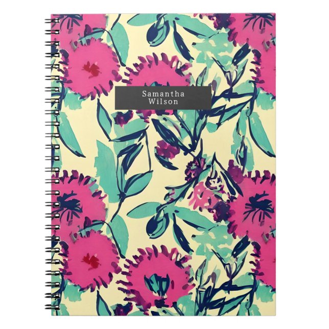 Watercolor Inspired Pink + Green Botanical Floral  Notebook (Front)