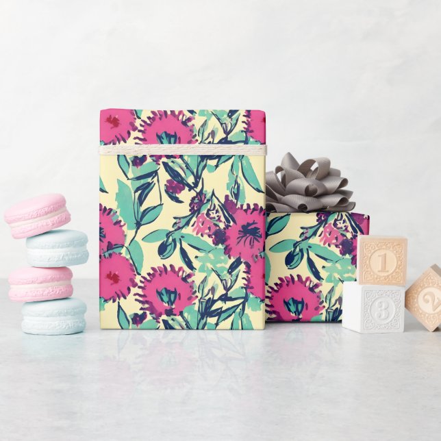 Watercolor Inspired Pink + Green Botanical Floral Wrapping Paper (Baby Shower)