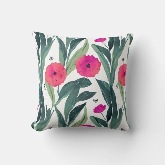 Watercolor Inspired Poppy Botanical Cushion (Front)