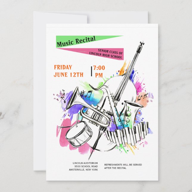 Watercolor Instruments Concert Invitation (Front)
