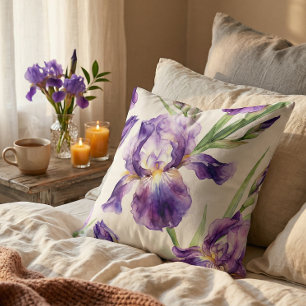 Watercolor Iris Purple Romantic Floral Botanical  Cushion