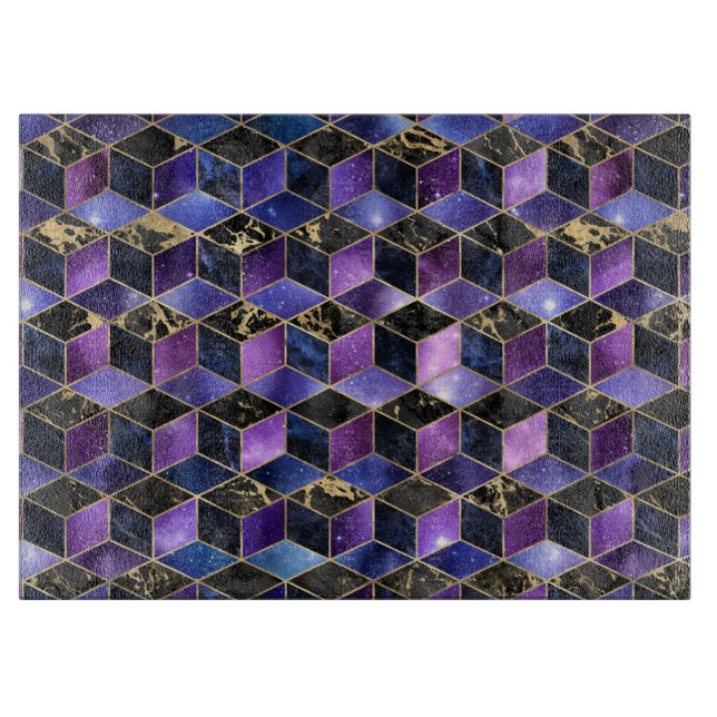 Watercolor Isometric with Gold and Marble Galaxy Cutting Board (Front)