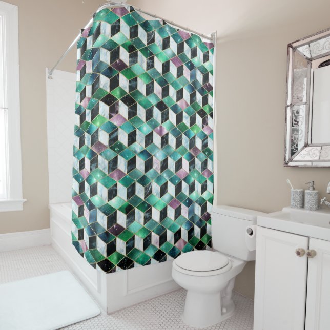 Watercolor Isometric with Gold and Marble Galaxy Shower Curtain (In Situ)