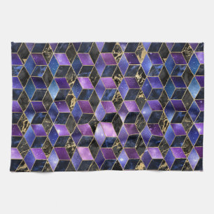 Watercolor Isometric with Gold and Marble Galaxy Tea Towel