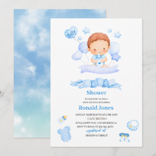 Watercolor it is boy Blue Boho Nursery  Baby Showe Invitation