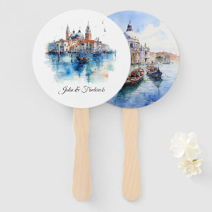 Watercolor Italian Destination Venice Wedding Hand Fan