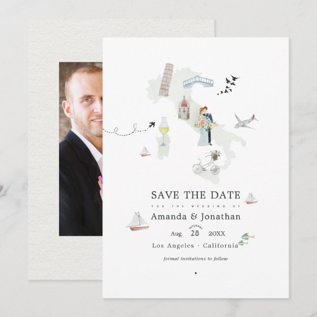 Watercolor Italian Destination Wedding Photo Save The Date (Front/Back)