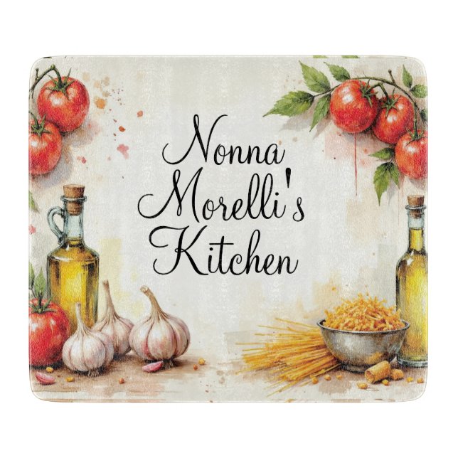 Watercolor Italian Kitchen Glass Cutting Board (Front)