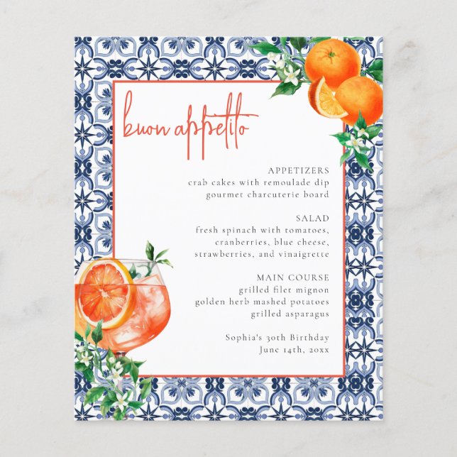 Watercolor Italian Orange Aperol Spritz Event Menu (Front)