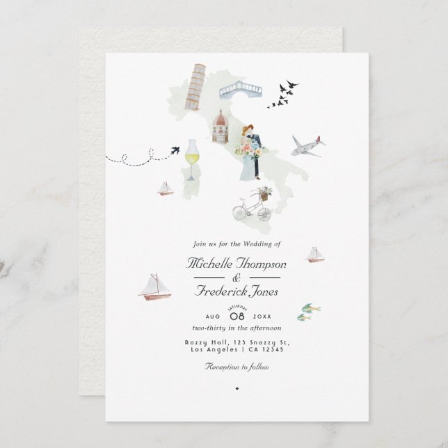 Watercolor Italian QR Code Destination Wedding Invitation (Front/Back)