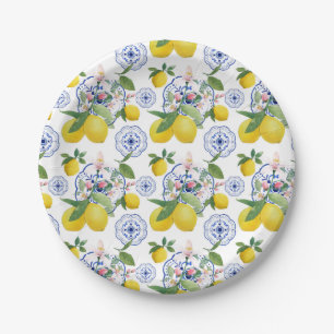 Watercolor Italian Tile Lemon Pattern Paper Plate
