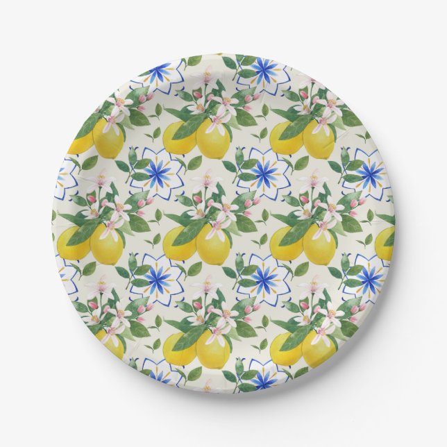   Watercolor Italian Tile Lemon Pattern Paper Plate (Front)