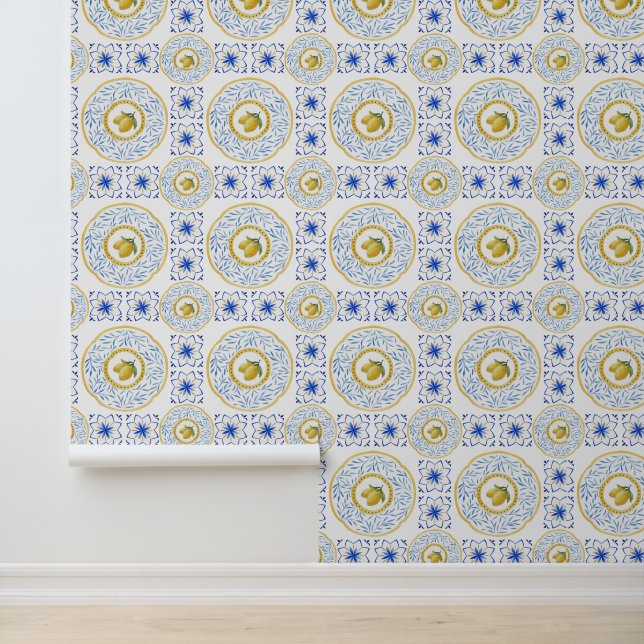 Watercolor Italian Tile Lemon Pattern  Wallpaper (Application)