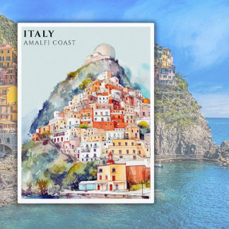 Watercolor Italy Amalfi Coast Travel Postcard
