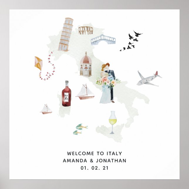 Watercolor Italy Destination Wedding Welcome Poster (Front)