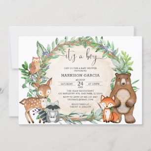 Watercolor It's A Boy Woodland Animals Baby Shower Invitation