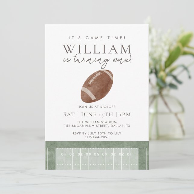 Watercolor It's game time First Birthday Football Invitation (Standing Front)