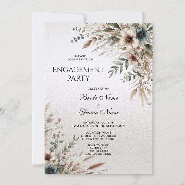 Watercolor Ivory Blue Flower Engagement Invitation (Front)