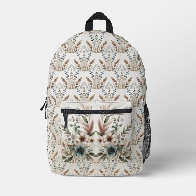 Watercolor Ivory Blue Flowers Backpack Cut Sew Bag (Front)